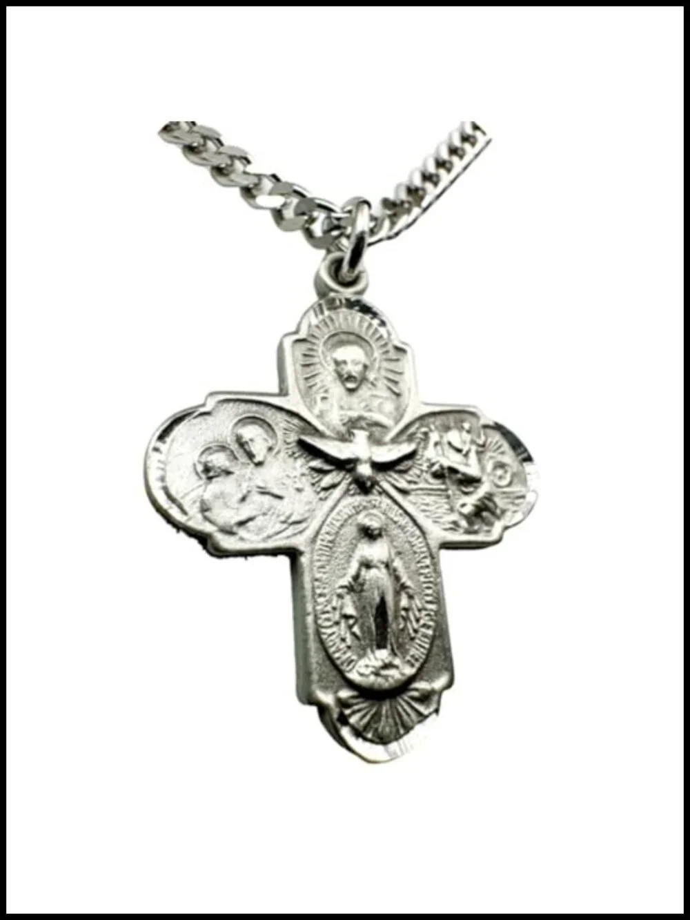 Four Way Pewter Medal Necklace Stainless Steel Chain Catholic Holy Card Set